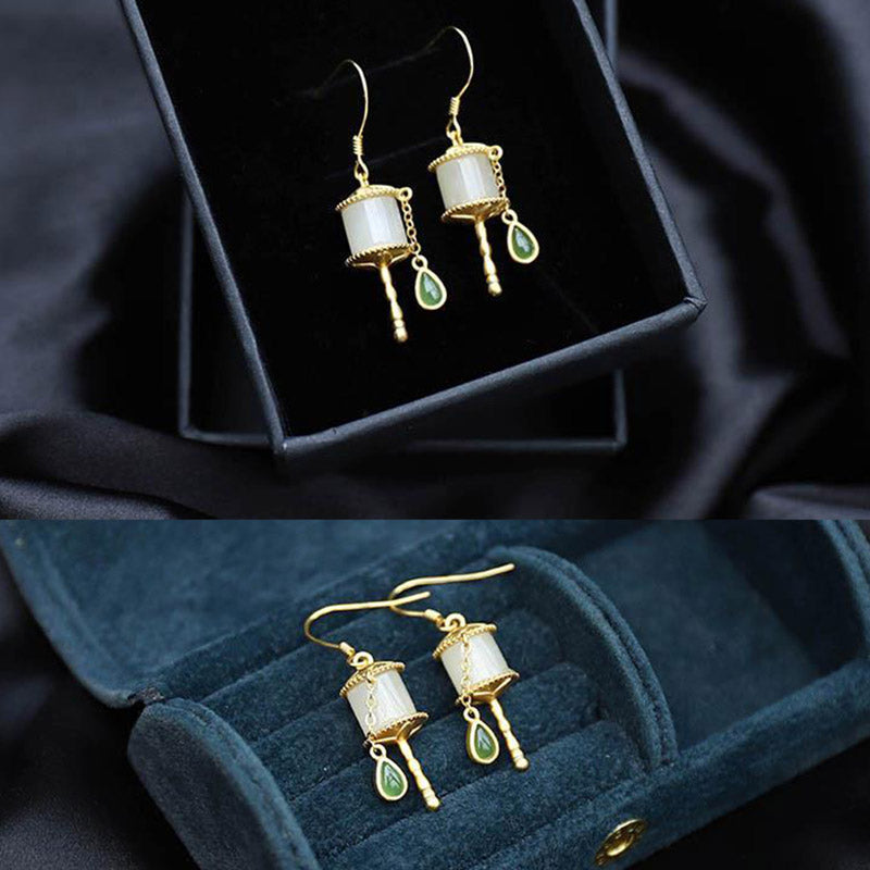 Buddha Stones 925 Sterling Silver Jade Prayer Wheel Luck Drop Earrings - image 11