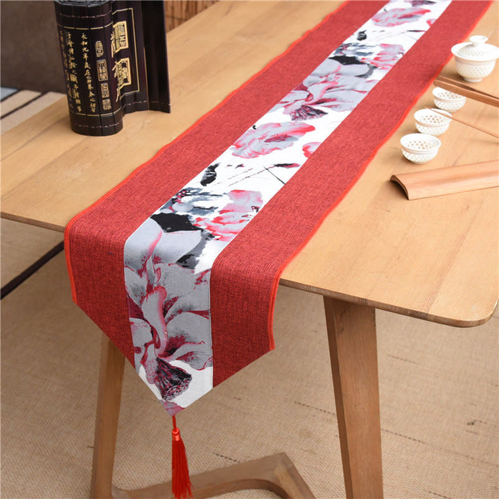 Buddha Stones Classic Chinese Style Lotus Koi Fish Flower Crane Calligraphy Enlightenment Cotton Linen Tassels Table Runner - Red Lotus - 30*180cm - image 6