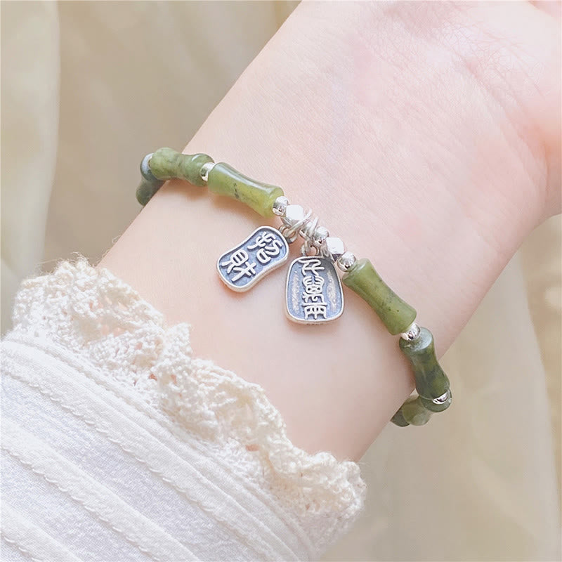 Buddha Stones 925 Sterling Silver Bamboo Jade Lucky Cat Fu Character Luck Abundance Bracelet - image 5