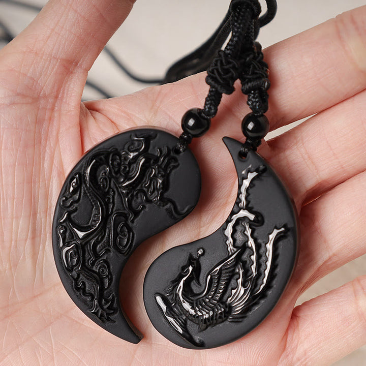 Buddha Stones Black Obsidian Yin Yang Dragon Phoenix Luck Necklace Pendant - image 4