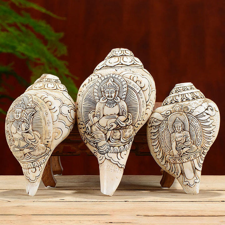 Tibetan Handmade Engraved Shankha Buddha Avalokitesvara Conch Shell Wealth Decoration - image 2