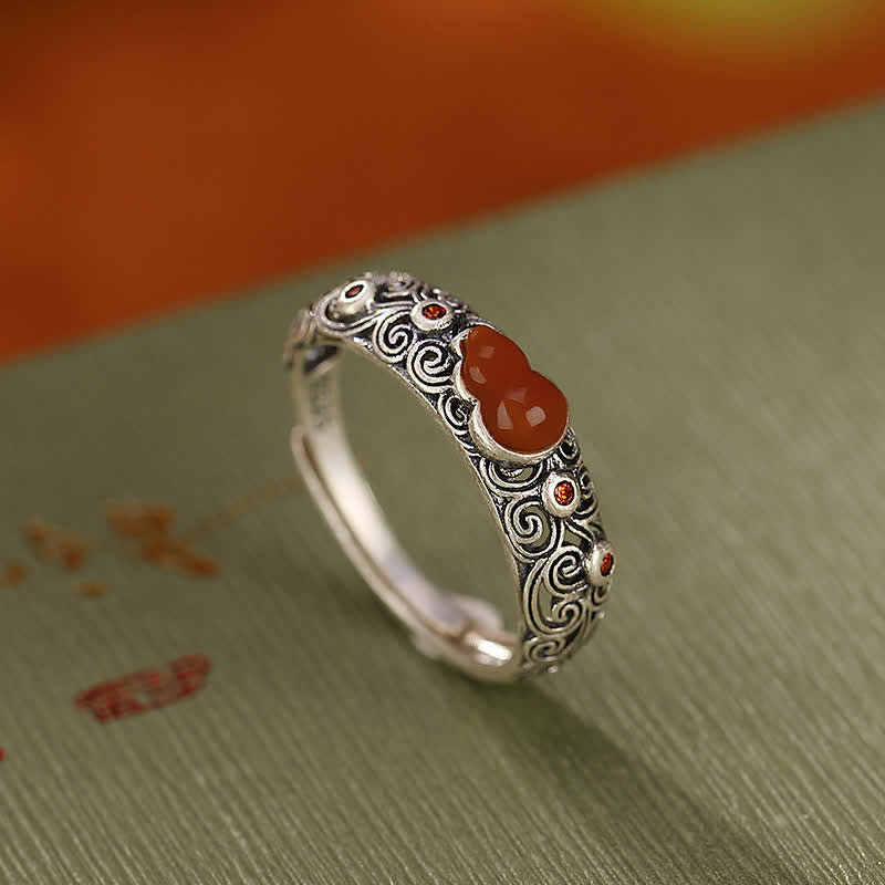 Buddha Stones 925 Sterling Silver Red Agate Cyan Jade Gourd Blessing Auspicious Ring - Red Agate(Confidence♥Calm) - image 0