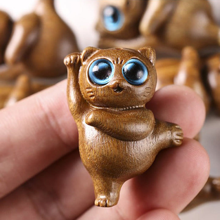 Buddha Stones Mini Green Sandalwood Dancing Cat Engraved Positive Desk Decorations - image 8