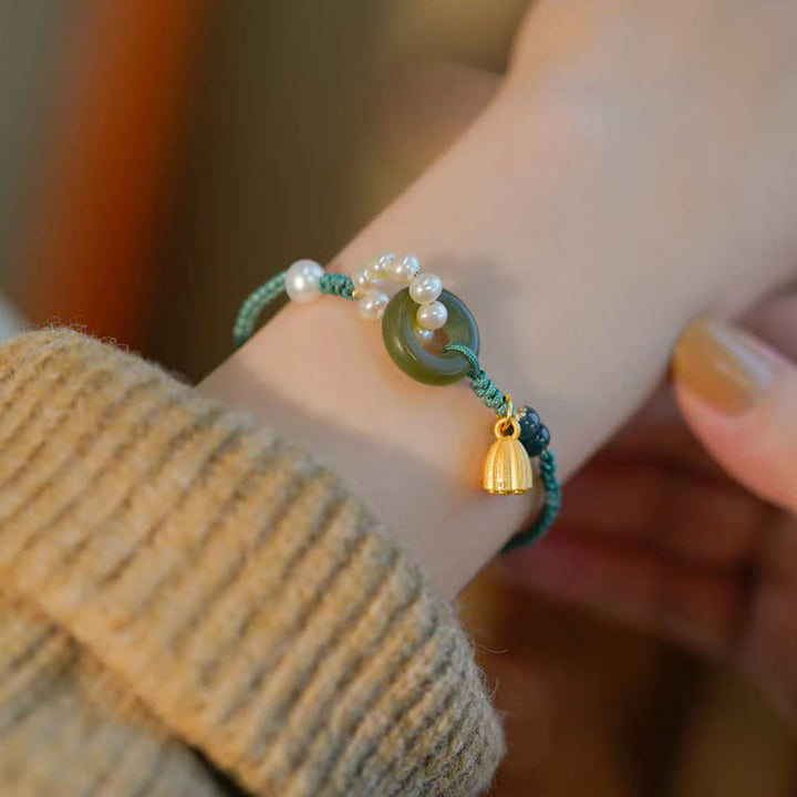 Buddha Stones Natural Hetian Jade Peace Buckle Pearl Luck Handcrafted Braided Bracelet - image 6