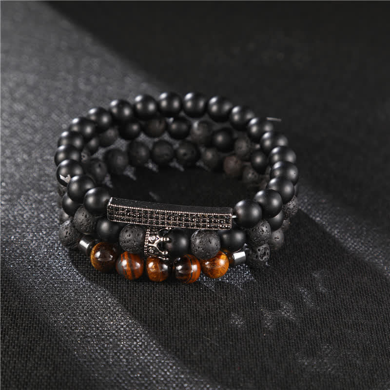 Buddha Stones 3Pcs Frosted Stone Lava Rock Tiger Eye Activate Bracelet - Frosted Stone&Lava Rock - image 0