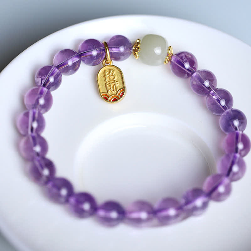 Buddha Stones Natural Amethyst Crystal Hetian Jade Healing Charm Bracelet - image 13