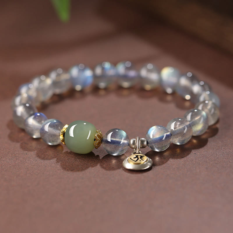 Buddha Stones Chinese Zodiac Natal Buddha 925 Sterling Silver Natural Moonstone Hetian Jade Positive Bracelet - image 3