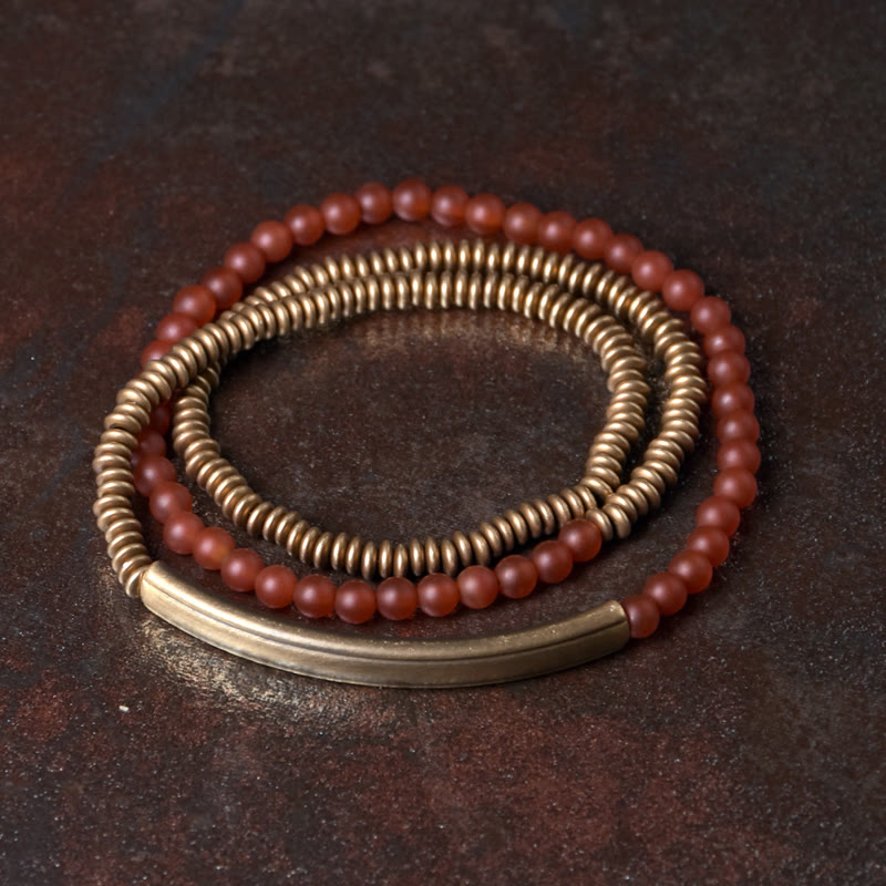 Buddha Stones Tibetan Various Agate Stone Copper Protection Triple Wrap Bracelet - 18cm - Red Agate - image 1