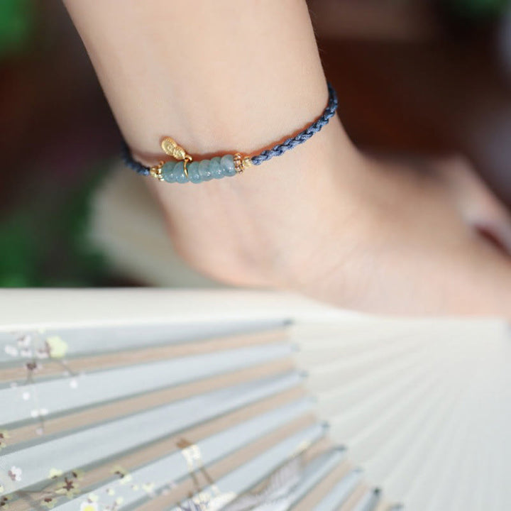 Buddha Stones 925 Sterling Silver Natural Jade Gourd Rutilated Quartz Fu Character Luck Braid Bracelet - image 4