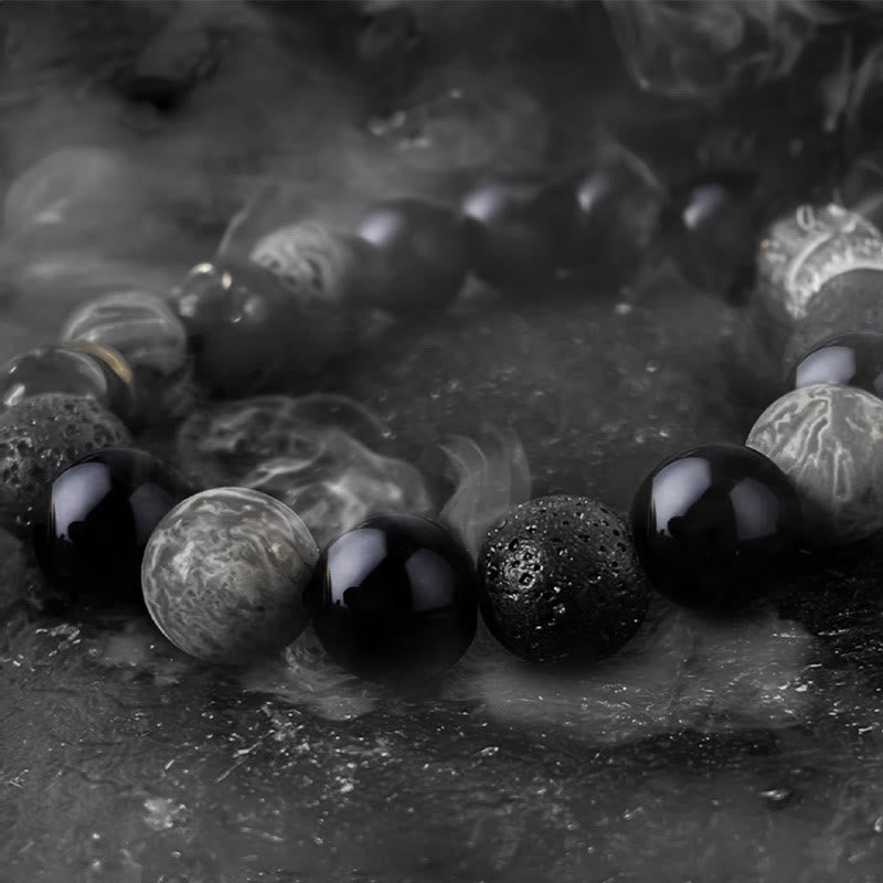 Buddha Stones Black Obsidian Lava Rock Stone Yin Yang Strength Bracelet - image 14