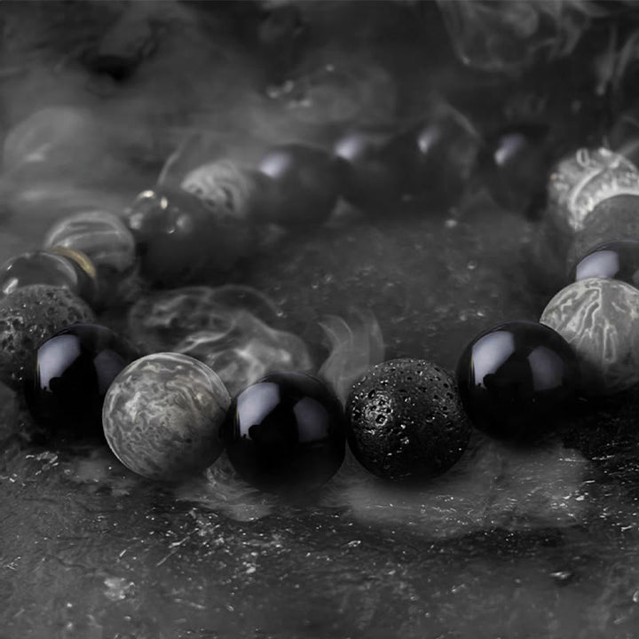 Buddha Stones Black Obsidian Lava Rock Stone Yin Yang Strength Bracelet - image 14