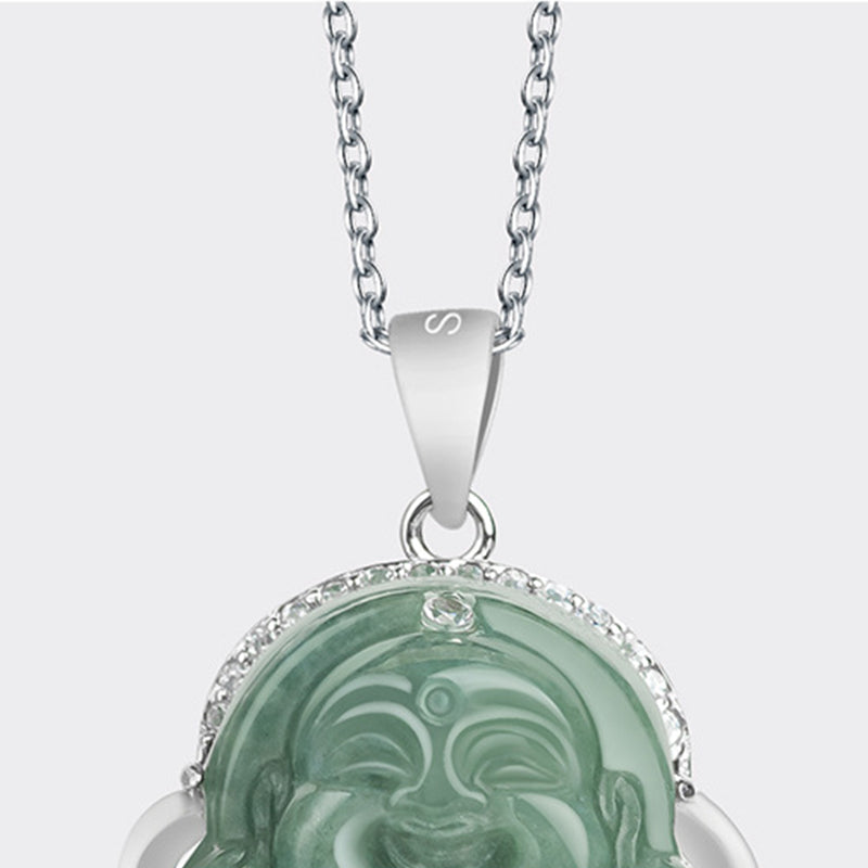 Buddha Stones Laughing Buddha Jade Abundance Necklace Titanium Steel Chain Pendant - image 6