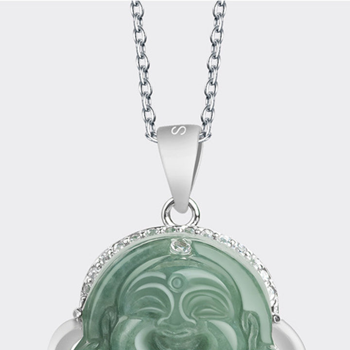 Buddha Stones Laughing Buddha Jade Abundance Necklace Titanium Steel Chain Pendant - image 6