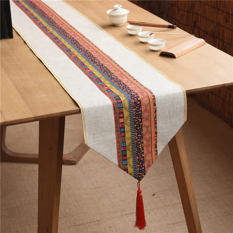 Buddha Stones Classic Chinese Style Lotus Koi Fish Flower Crane Calligraphy Enlightenment Cotton Linen Tassels Table Runner - Beige Red Colorful - 30*180cm - image 14