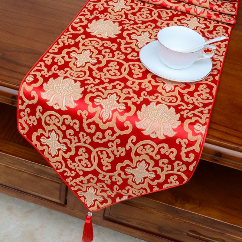 Prayer Altar Flower Vajra Dragon Pattern Tibetan Auspicious Symbols Tassels Jacquard Table Runner - Red Flower - 200*33cm - image 0