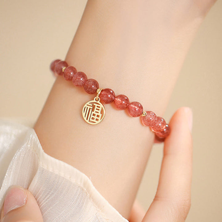 Buddha Stones 14K Gold Plated Strawberry Quartz Fu Character Healing Charm Bracelet - image 14