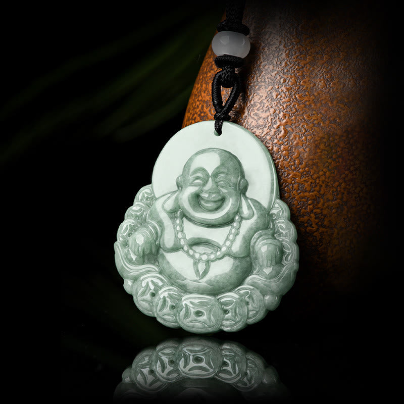Buddha Stones Laughing Buddha Natural Jade Copper Coin Abundance Necklace Pendant - image 5