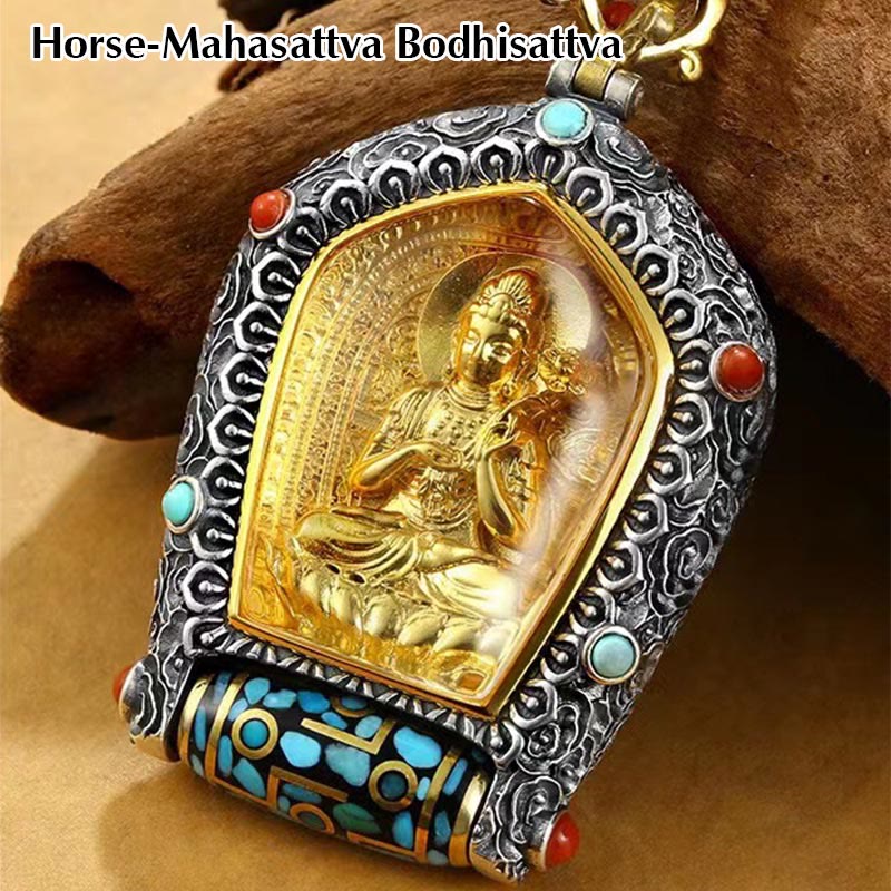 Buddha Stones Tibet Chinese Zodiac Natal Buddha Thangka Prosperity Rotatable Dzi Bead Necklace Pendant - Horse-Mahasattva Bodhisattva - image 7