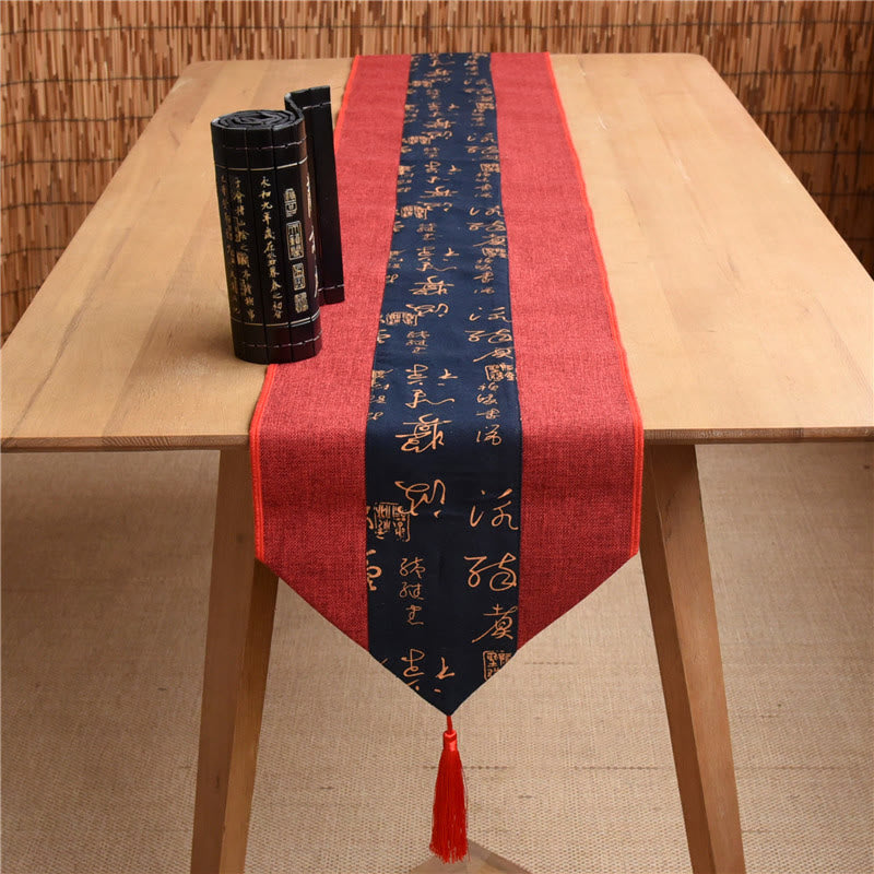 Buddha Stones Classic Chinese Style Lotus Koi Fish Flower Crane Calligraphy Enlightenment Cotton Linen Tassels Table Runner - Red Blue Calligraphy - 30*180cm - image 34