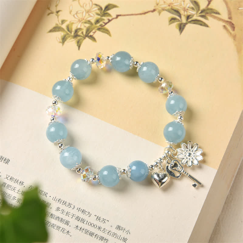 Buddha Stones 925 Sterling Silver Natural Aquamarine Serenity Flower Love Key Charm Bracelet - image 1