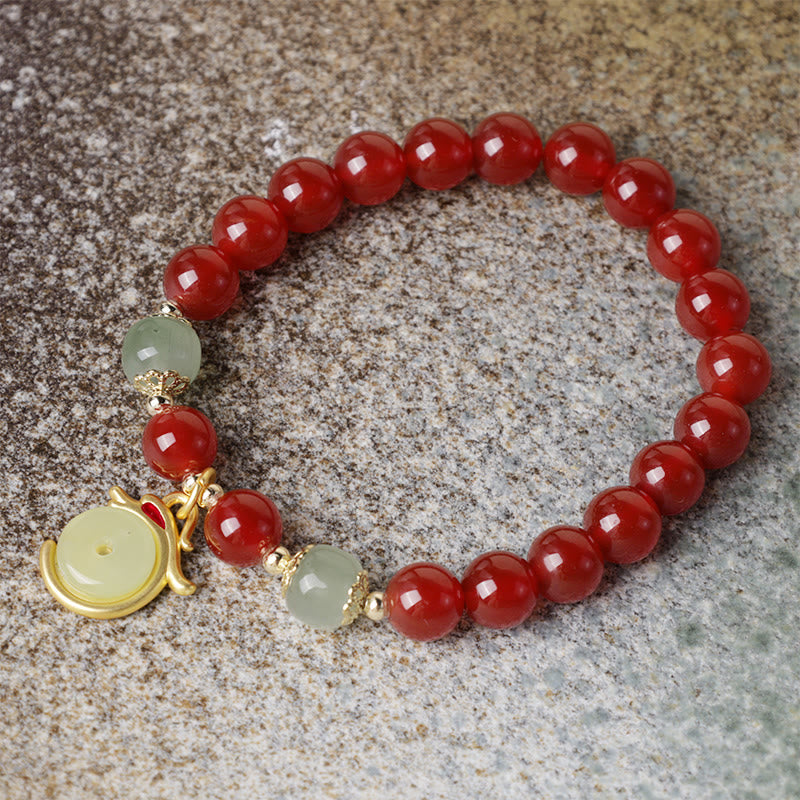 Buddha Stones Year of the Dragon Red Agate Jade Peace Buckle Fu Character Success Bracelet - image 2