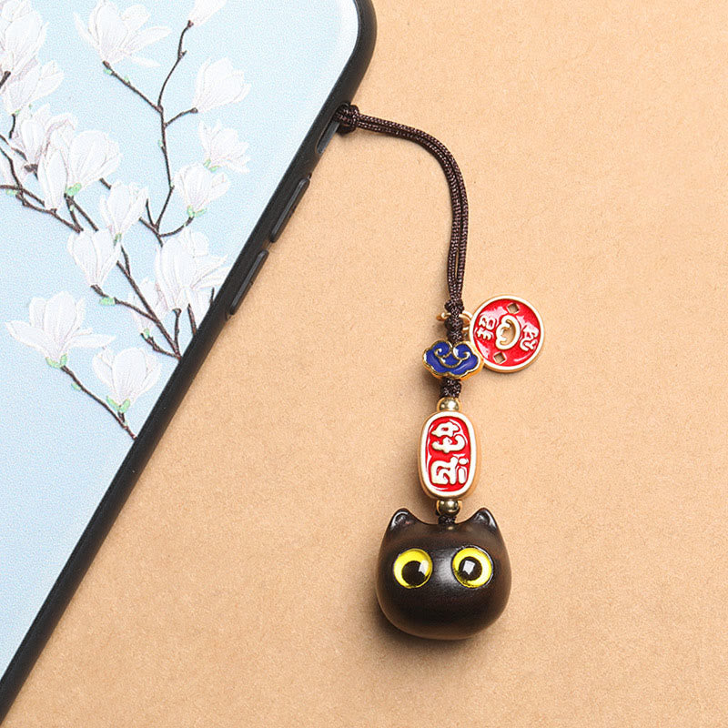 Buddha Stones Ebony Wood Lucky Cat Auspicious Cloud Peace Key Chain Phone Hanging Decoration - image 8