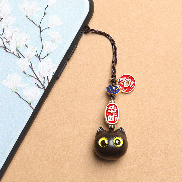 Buddha Stones Ebony Wood Lucky Cat Auspicious Cloud Peace Key Chain Phone Hanging Decoration - image 8