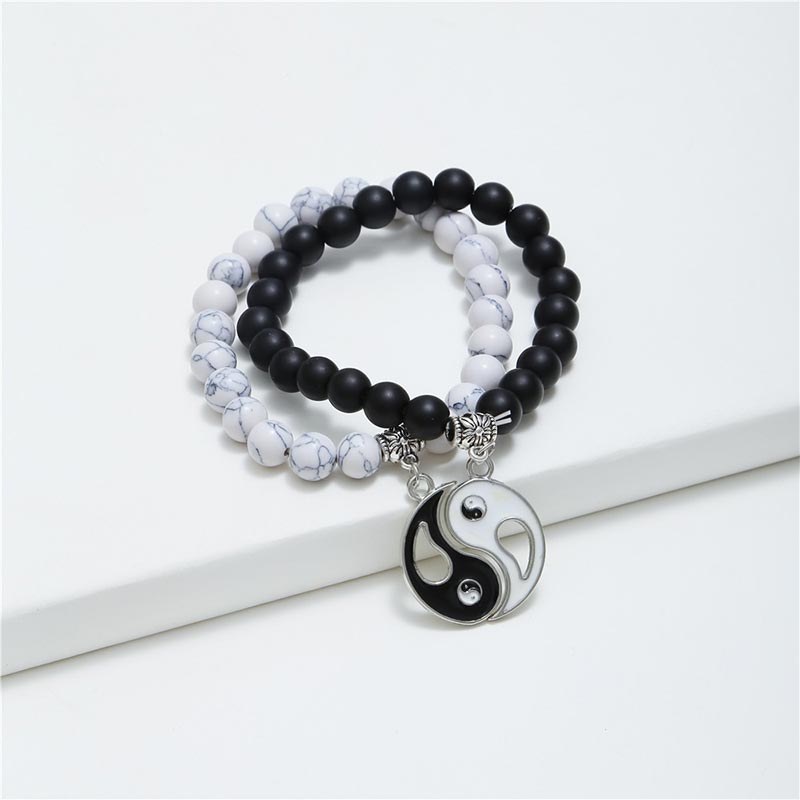 Buddha Stones 2pcs Natural Black Onyx White Turquoise Bead Yin Yang Couple Bracelet - image 1