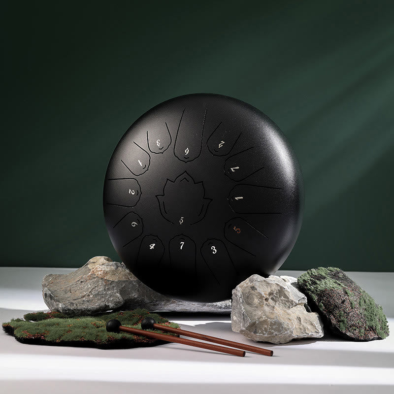 Buddha Stones Steel Tongue Drum Sound Healing Mindfulness Lotus Pattern Yoga Drum Kit 13 Note 12 Inch Percussion Instrument - Black - image 0