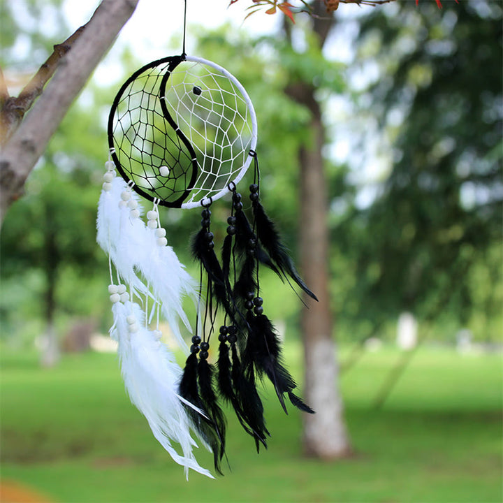 Yin Yang  Dream Catcher Circular Net with Feathers Balance Decoration - image 2