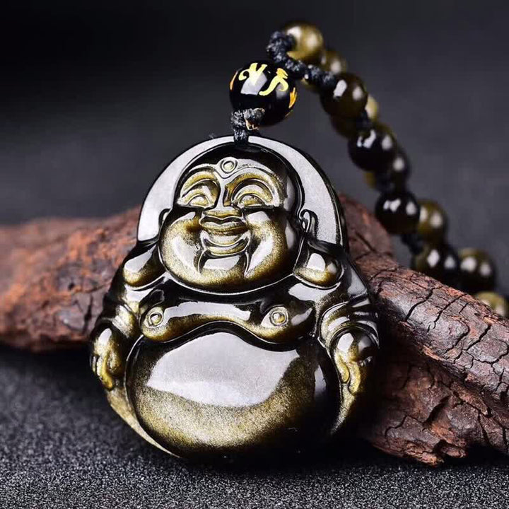 Buddha Stones Laughing Buddha Gold Sheen Obsidian Wealth Necklace Pendant - Gold Sheen Obsidian Bead - image 0