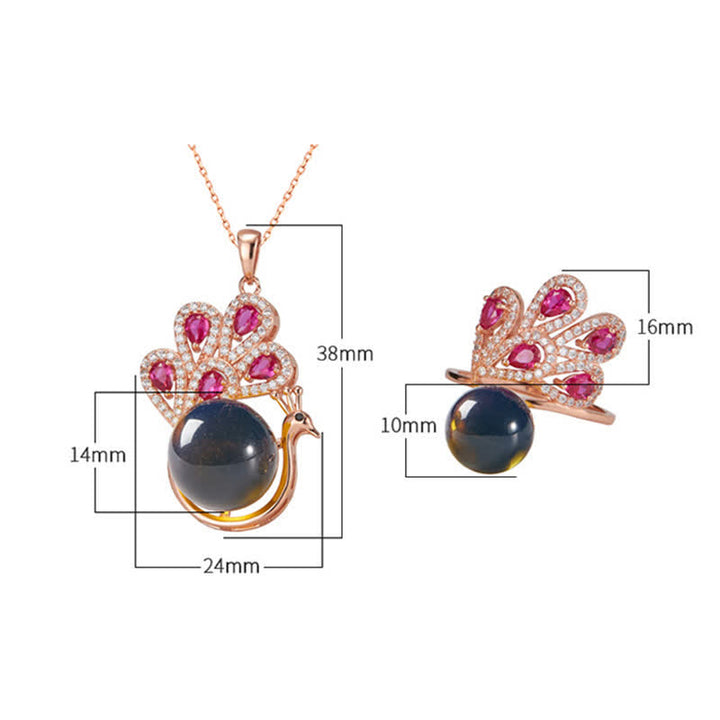 Peacock Amber Fortune Love Necklace Pendant Ring - image 7