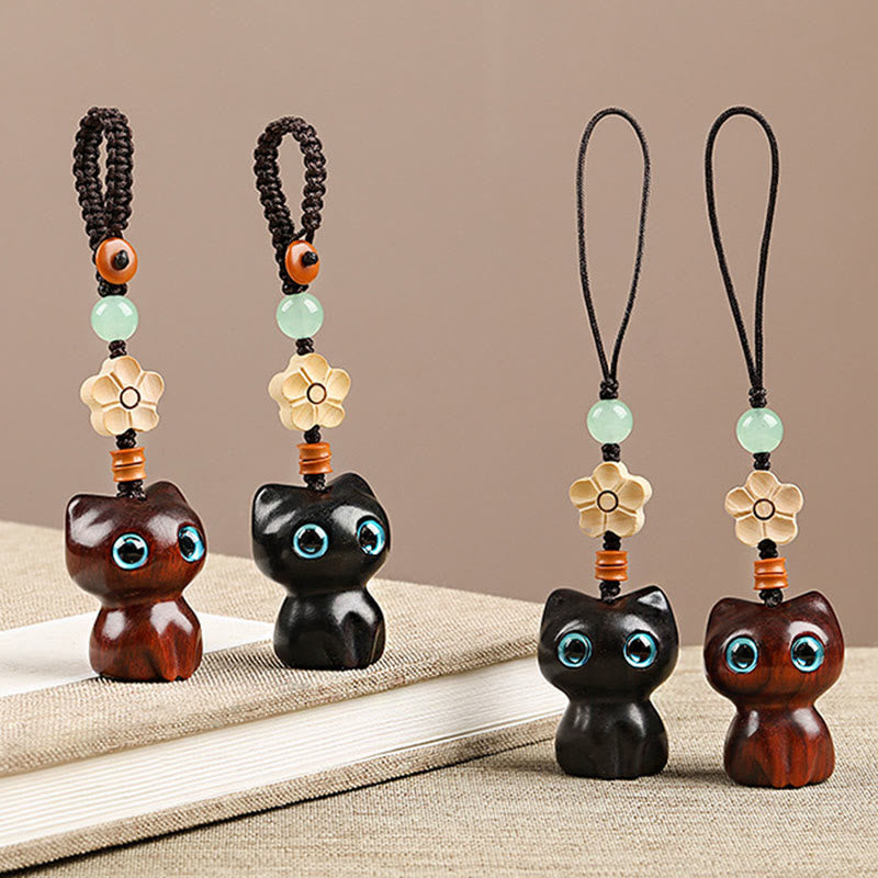 Buddha Stones Mini Small Leaf Red Sandalwood Ebony Wood Lucky Cat Lovely Kitty Peace Key Chain Phone Hanging Decoration - image 1