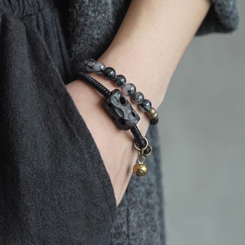 Buddha Stones Black Rutilated Quartz Ebony Wood Copper Wisdom Couple Bracelet - image 1