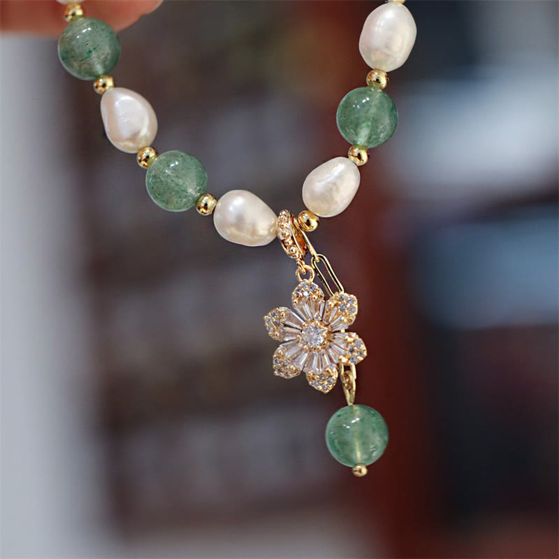 Buddha Stones Natural Green Strawberry Quartz Pearl Flower Charm Love Bracelet - image 1