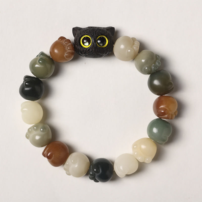 Buddha Stones Natural Bodhi Seed Lovely Paw Ebony Wood Lucky Cat Wisdom Bracelet - Multicolored Bodhi Seed - Simple Version(Wrist Circumference 14-15cm) - image 0
