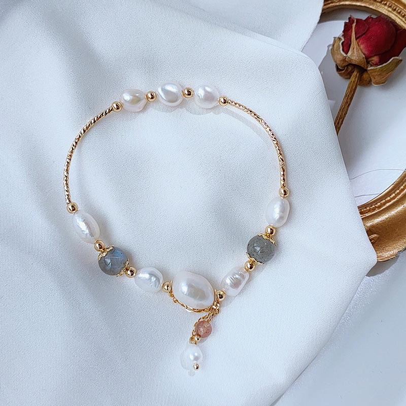 Buddha Stones Pearl Moonstone Strawberry Quartz Bead Optimism Bracelet - image 4