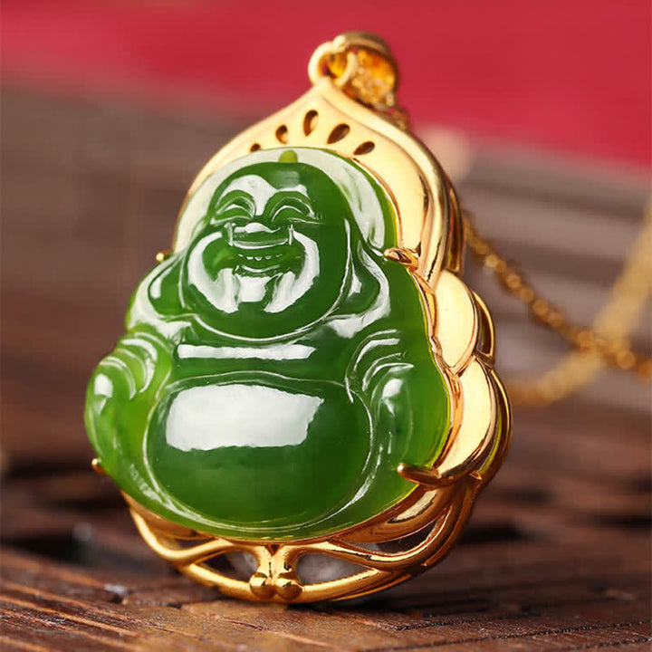 Buddha Stones 925 Sterling Silver Natural Hetian Cyan Jade Laughing Buddha 18K Gold Healing Necklace Chain Pendant - image 6