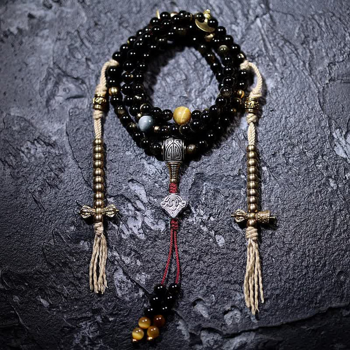 Buddha Stones 108 Mala Beads Gold Sheen Obsidian Tiger Eye Eagle's Eye Stone Wealth Bracelet - 8mm - Copper Counter - image 18