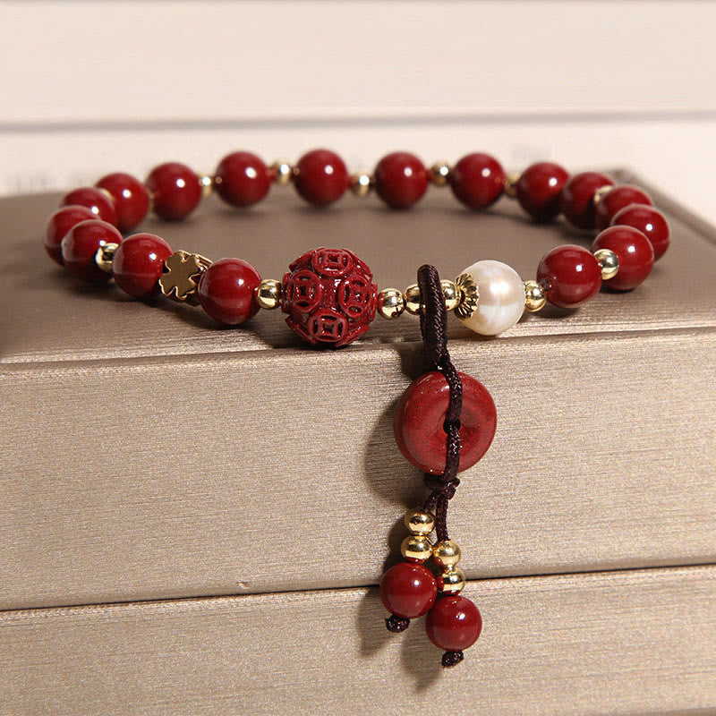 Buddha Stones Natural Cinnabar Peace Buckle Copper Coin Charm Blessing Bracelet - image 2