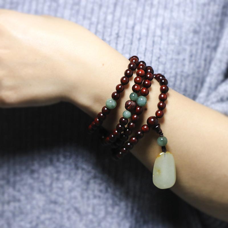Buddha Stones Tibetan Small Leaf Red Sandalwood Jade Mala Meditation Bracelet - image 4