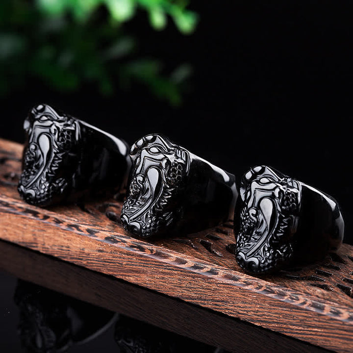Buddha Stones FengShui PiXiu Black Obsidian Strength Ring - 21mm - image 0