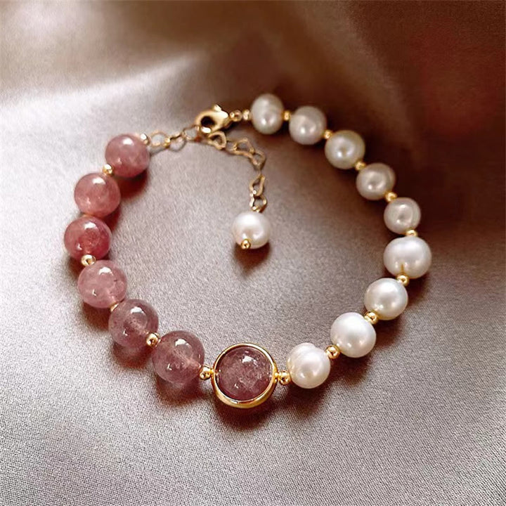 Buddha Stones Natural Strawberry Quartz Pearl Love Positive Chain Bracelet - Strawberry Quartz&Pearl - image 0