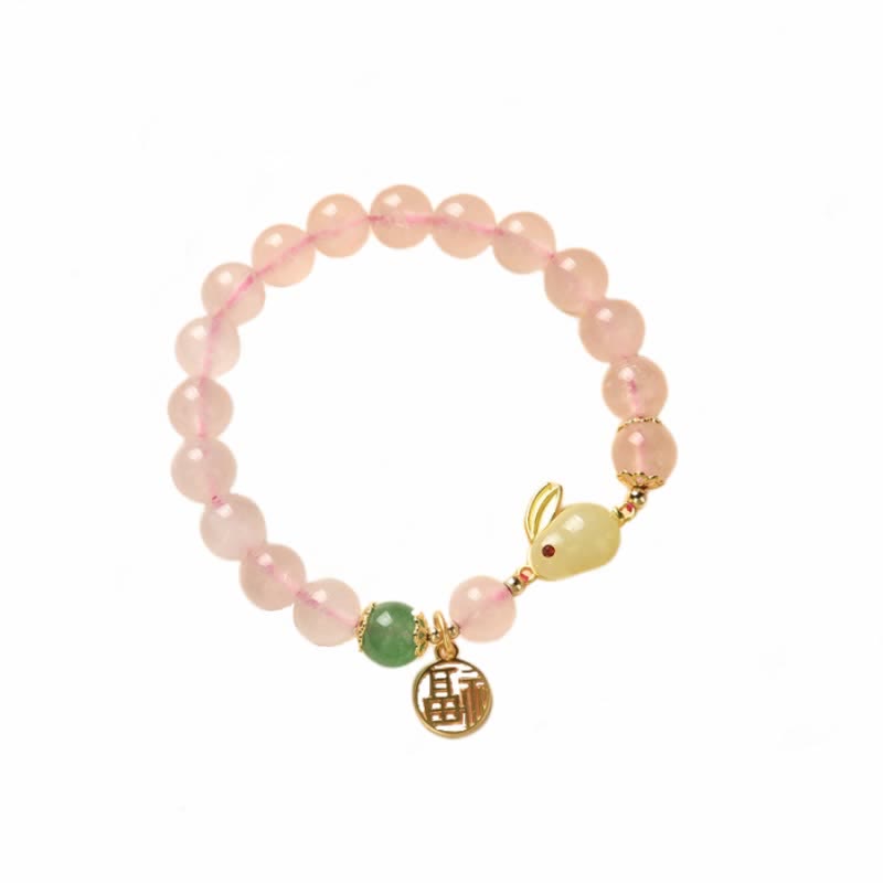 Year of the Rabbit Natural Pink Crystal Green Agate Bunny Love Happiness Bracelet - image 7