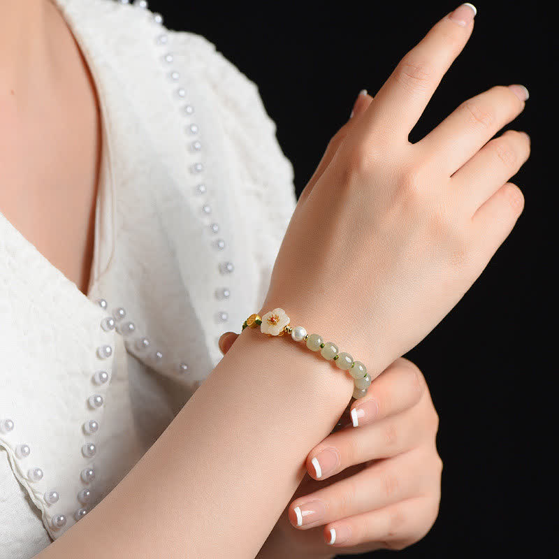 Buddha Stones 925 Sterling Silver Natural Hetian Jade Peach Blossom Luck Bracelet - image 2