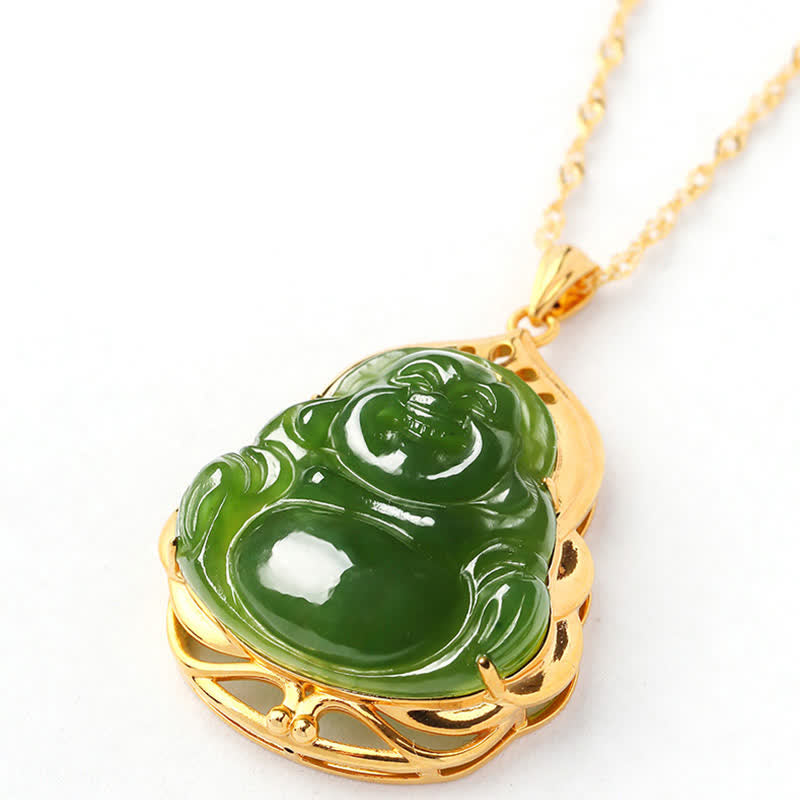 Buddha Stones 925 Sterling Silver Natural Hetian Cyan Jade Laughing Buddha 18K Gold Healing Necklace Chain Pendant - image 11