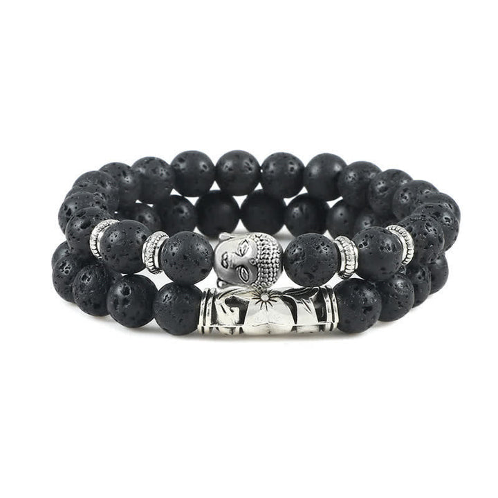 Buddha Stones 2Pcs Natural Crystal Agate Buddha Protection Bracelet - Lava Rock - image 6