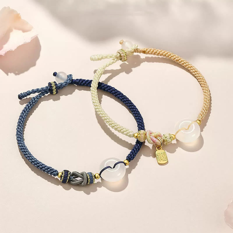 Buddha Stones Handmade White Agate Peace Buckle Luck Happiness Protection Weave String Bracelet - image 0