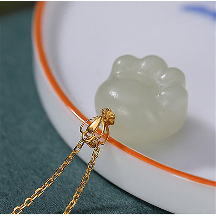 Buddha Stones 925 Sterling Silver Hetian White Jade Cute Cat Paw Luck Necklace Pendant - image 5