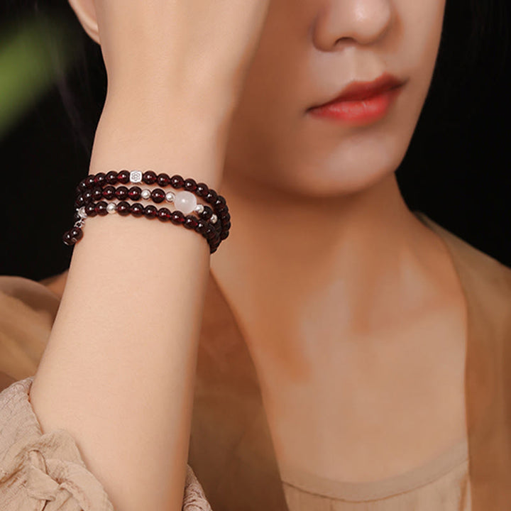 Buddha Stones 925 Sterling Silver Natural Garnet Cat Eye Protection Triple Wrap Bracelet - image 5